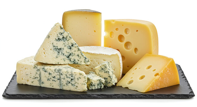 A diverse selection of gourmet cheeses, including soft, hard, and blue varieties, presented on a dark board, highlighting textures and distinct flavors for culinary uses.