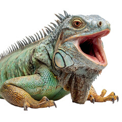 Obraz premium Png of A vibrant green iguana with an open mouth, showcasing its textured skin and striking colors.