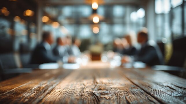 Rustic Wooden Table in a Blurred Business Meeting Room