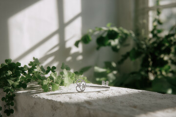 vintage key resting on light stone illuminated by beam of natural light
