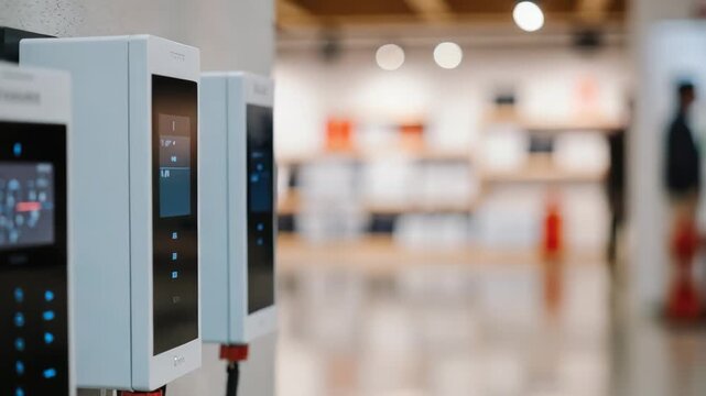 Row of modern energy management devices mounted on a wall in a bright interior space