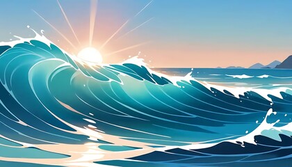 Sunrise Over Ocean Wave Vector Illustration