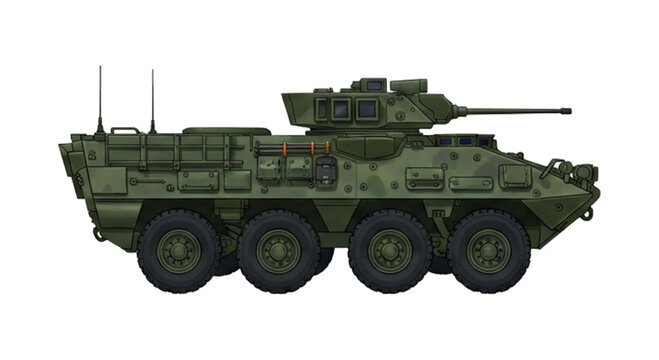Realistic Stryker Armored Vehicle Illustration in Olive Drab &ndash; Detailed 8-Wheeled Combat Vehicle Side Profile