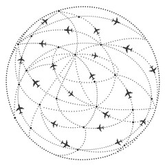 Flight path, airplanes intercontinental travel illustration. Isolated, flat vector illustration. 