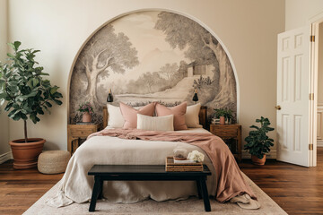 Scandinavian Bedroom with Arched Mural and Vintage Decor