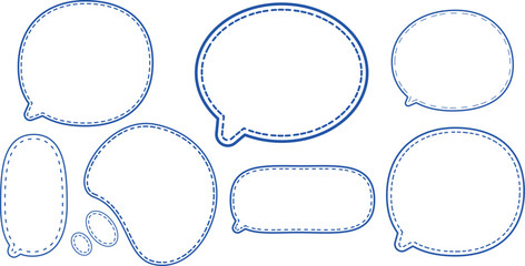 This is a collection of blue-outlined speech bubbles.
The most prominent style features a double outline: a solid blue line on the outside and a dashed blue line on the inside.
