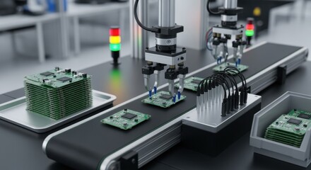 Fototapeta premium Firmware flashing station with robotic grippers picking and placing drone control boards on a conveyor designed for batch programming.