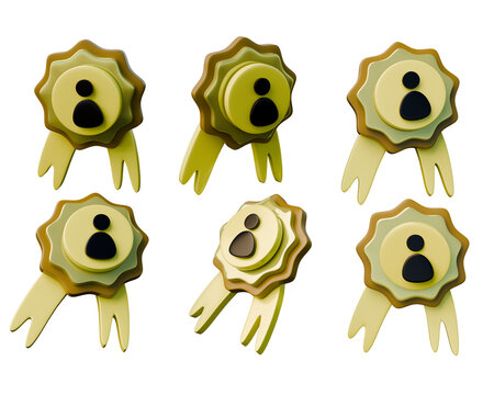 3D rendered set of six gold achievement badges with user icons, ribbon tails, and layered medal design. Modern, glossy style on black background. Ideal for apps, profile awards, gamification, or recog