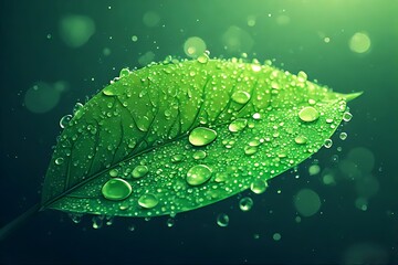 Fresh Green Leaf with Dew Drops in Natural Light