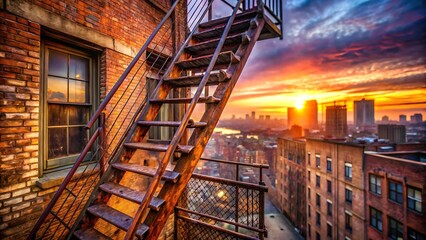Urban Sunrise Fire Escape Overlooking City Skyline at Dawn with Vibrant Colors