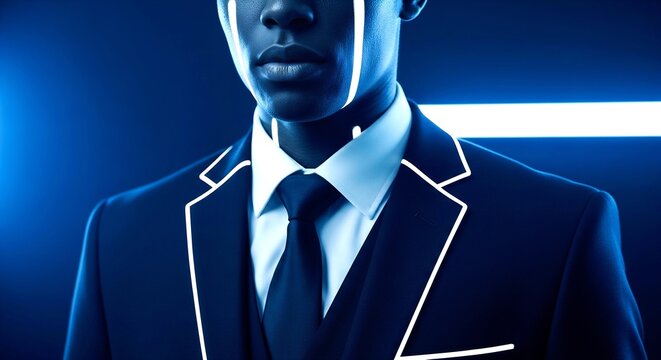 Sleek futuristic portrait of man in dark suit with glowing lines and blue light