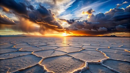 Dramatic Sunset over the Uyuni Salt Flats in Bolivia with Storm Clouds