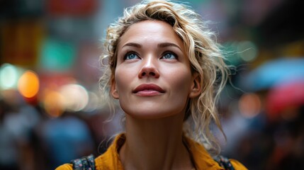 Woman gazing upwards in a city.