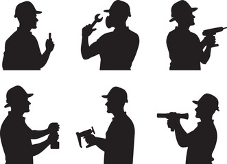 Skilled tradesmen in action with tools, dynamic silhouettes