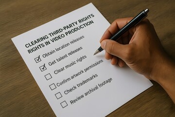 A person checking video production rights on a checklist. 