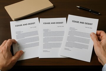 Hands holding cease and desist legal documents on a wooden table. 