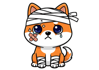 Sad Injured Cartoon Shiba Inu Puppy with Bandages.