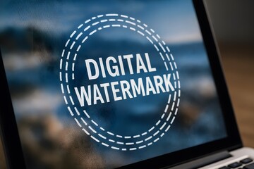 A laptop screen displaying a digital watermark. 