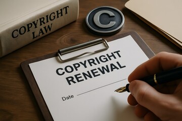 Copyright renewal paperwork and legal documentation. 