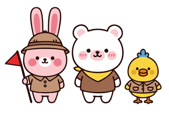 Adorable Pink Bunny White Bear and Yellow Chick in Explorer Outfits.