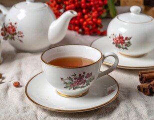 Elegant Tea Cup with Floral Design and Tea Pot on a Decorated Table with Rowan Berries
