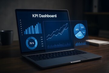 Laptop displaying Key Performance Indicator (KPI) dashboard on wooden table. 