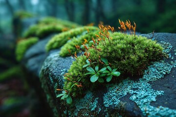 Close-up of vibrant green moss and ferns growing on a damp forest floor with water droplets on the leaves and a stone