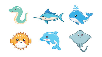 Fototapeta premium Cute marine animal set, including a sea snake, swordfish, whale, puffer fish, dolphin, and stingray, all depicted with adorable expressions and in vibrant colors