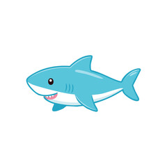 Obraz premium A cartoon style light blue shark with a friendly smile, swimming with a light blue background