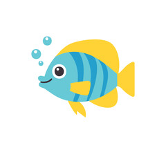 A colorful illustration of a friendly tropical fish with air bubbles, swimming in a calm sea 