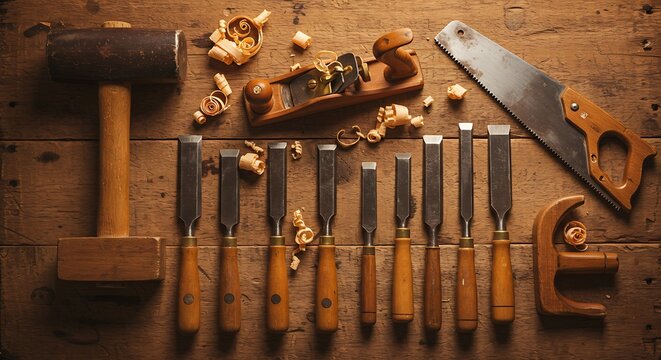Flat Lay of Carpentry Tools on Rustic Wooden Table – Warm Tones and Soft Shadows