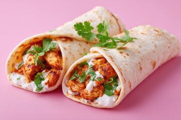 Two chicken tikka wraps on pink background