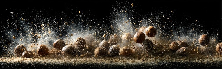 Artistic shot of macadamia nuts exploding in the air, with sand and sun rays creating an explosion effect. The background is plain black for contrast, highlighting each nut's texture and color. 