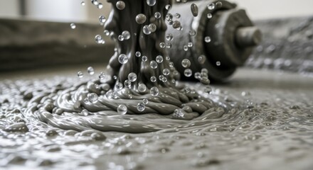 Macro lens capture of microcapsules suspended in liquid concrete within highspeed industrial mixer line.