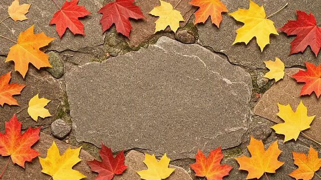 Colorful maple leaves frame a large textured gray stone slab on a weathered stone surface