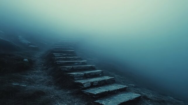 Foggy stone stairway in desaturated blue tones, high contrast scene with sense of mystery and quiet tension, ideal for concept art
