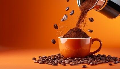 ground coffee is falling from a cup onto a vivid orange backdrop with scattered coffee beans adding to the rich aromatic scene showcasing the process of brewing
