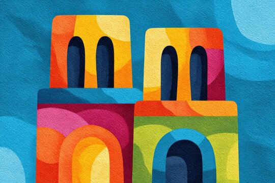 Travel landmark concept of Notre Dame Cathedral drawn in stylized stained-glass pattern with bold colors and fractured lines, artistic reinterpretation of Paris landmark as spiritual design