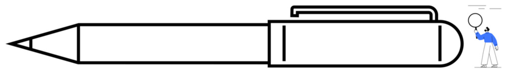 Obraz premium Large pen in focus alongside a tiny figure examining it with a magnifying glass. Ideal for creativity, precision, writing tools, education, exploration, research, simple landing page