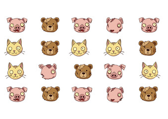 Cartoon Animal Heads Pattern: Pig Bear and Cat with Unique Expressions.