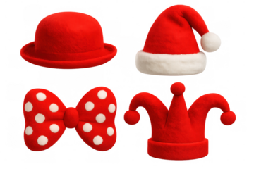 Festive red hats and bow tie floating on a transparent background, perfect for christmas, new year's, or festive party designs