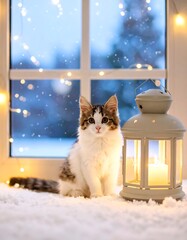 Cute kitten by snowy window