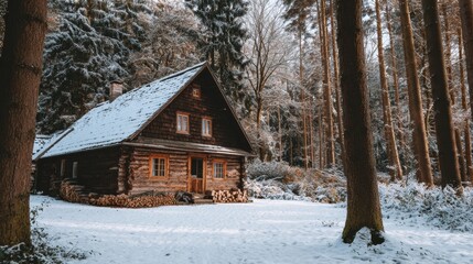 Winter Cabin Surrounded by Snow-Covered Trees in a Serene Forest Setting During Daylight Hours