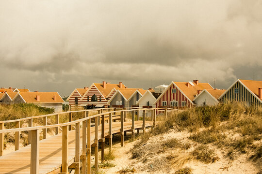Colorful houses by the beach in Costa Nova, Aveiro, Portugal