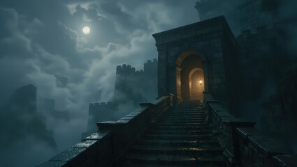 Fototapeta premium Dark Medieval Castle Entrance Night Scene with Moonlit Sky and Cloudy Atmosphere