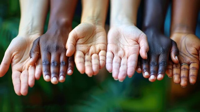 Unity in Hands: A powerful visual testament to diversity and unity, this image showcases a row of hands with varying skin tones, extended forward in a gesture of connection and solidarity.