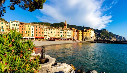 Colorful coastal town, sandy beach, calm sea