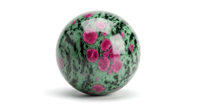 A polished sphere of Ruby in Zoisite (Anyolite) gemstone isolated on a clean white background under studio lighting.
