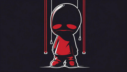 Bold streetwear t-shirt design featuring a dark red and white puppet character on strings with strong color contrast and retro cartoon style elements