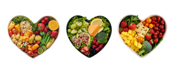 Top view of a heart-shaped bowls filled with fresh vegetables and fruits isolated on a transparent background